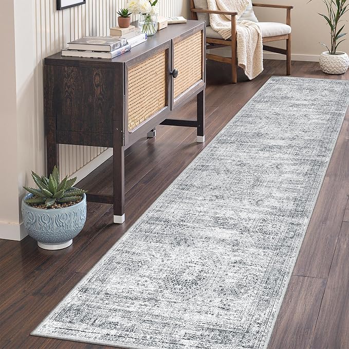 Kitchen Runner Rug Non Slip - 2.5 x 8 Runners for Hallways, Entryway, Bedroom, Washable Runner Rugs for Bathroom, Laundry Room, Low Pile Soft Vintage Area Rug(2.5'x8', Grey/Ivory)