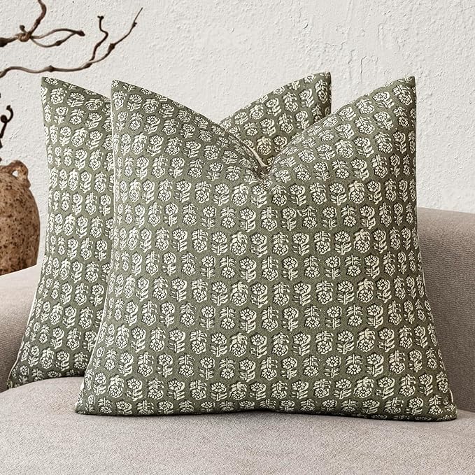 Foindtower Set of 2 Decorative Vintage Floral Print Throw Pillow Covers Neutral Modern Farmhouse Cushion Covers Boho Home Decor for Sofa Couch Chair Bedroom Living Room,22×22 Inch,Sage Green