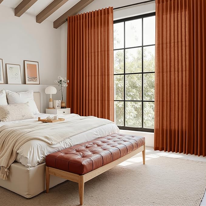 Nanspring Extra Wide Long Curtains for Living Room 108 Inches Long Back Tab Terracotta Linen Semi Sheer Rustic Farmhouse Boho Floor to Ceiling High Window Curtain for Bedroom Luxury 100x108, 2 Panels