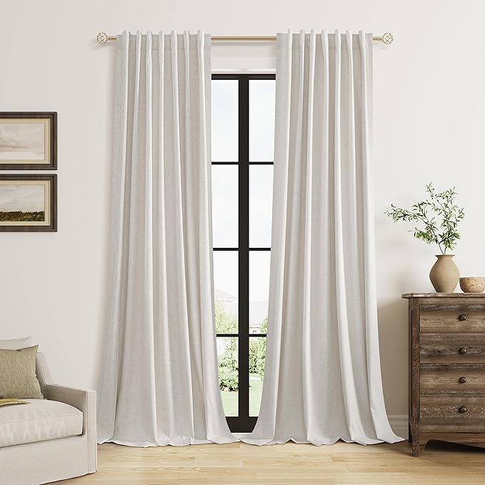 Guken Light Beige Extra Long 100% Blackout Curtains 120 Inch Length 2 Panels Set for Living Room Bedroom Back Tab Thermal Insulated Black Out Linen Drapes Room Darkening Window Curtain, 52x120