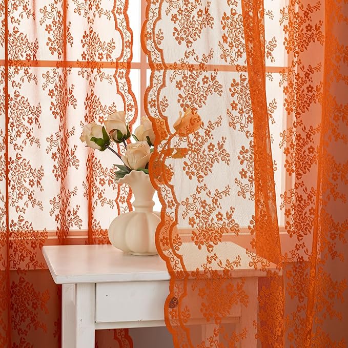 YJ YANJUN Vintage Lace Curtains 102 Inches Long-Rust Retro Floral Burnt Orange Sheer Curtain Panels for Home Office Patio Sliding Door, Rod Pocket, Boho Halloween Fall Decor 2 Panels 52W x 102L