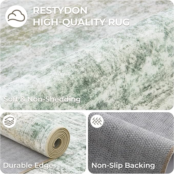 Washable Runner Rugs for Bedroom - 2x6 Runner Rug Non Slip, Ultra-Thin Entryway Runner, Soft Abstract Kitchen Runner for Hallway, Laundry, Indoor Door Mat(2'x6', Green/Yellow/Ivory)