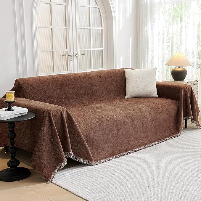 MYSKY HOME Couch Cover for Dogs Washable Couch Covers Couch Covers for Sofa Couch Cover 2 Cushion Sofa Non Slip Dogs Furniture Protector with Tassels Chenille Sofa Covers for Pets, 71"x102", Chocolate