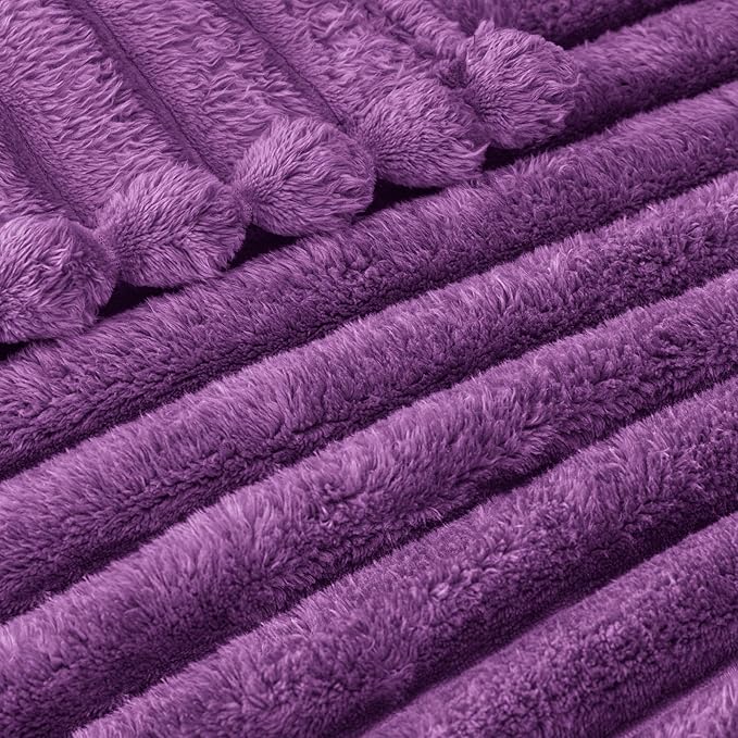 Exclusivo Mezcla Queen Size Flannel Fleece Blanket, Super Soft Striped Jacquard Bed Blanket, Lightweight Fuzzy Cozy for All Seasons, 90x90 Inches, Purple