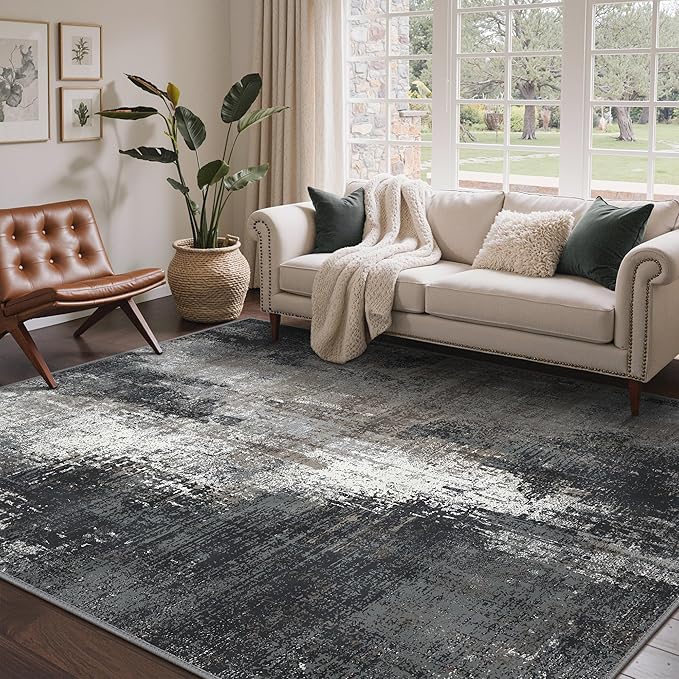 Area Rugs 8x10 for Living Room Bedroom, Modern Abstract Machine Washable Rug, Large Soft Low Pile Floor Carpet with Non Slip Backing for Dining Room, Black