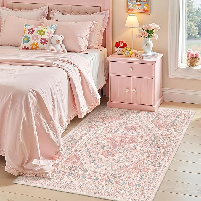 zesthome Pink Rug - 3x5 Area Rugs for Bedroom, Stain Resistant Washable Rugs for Nursery Room, Living Room, Home Decor, Girls Rug (Pink/Blue,3'x5')