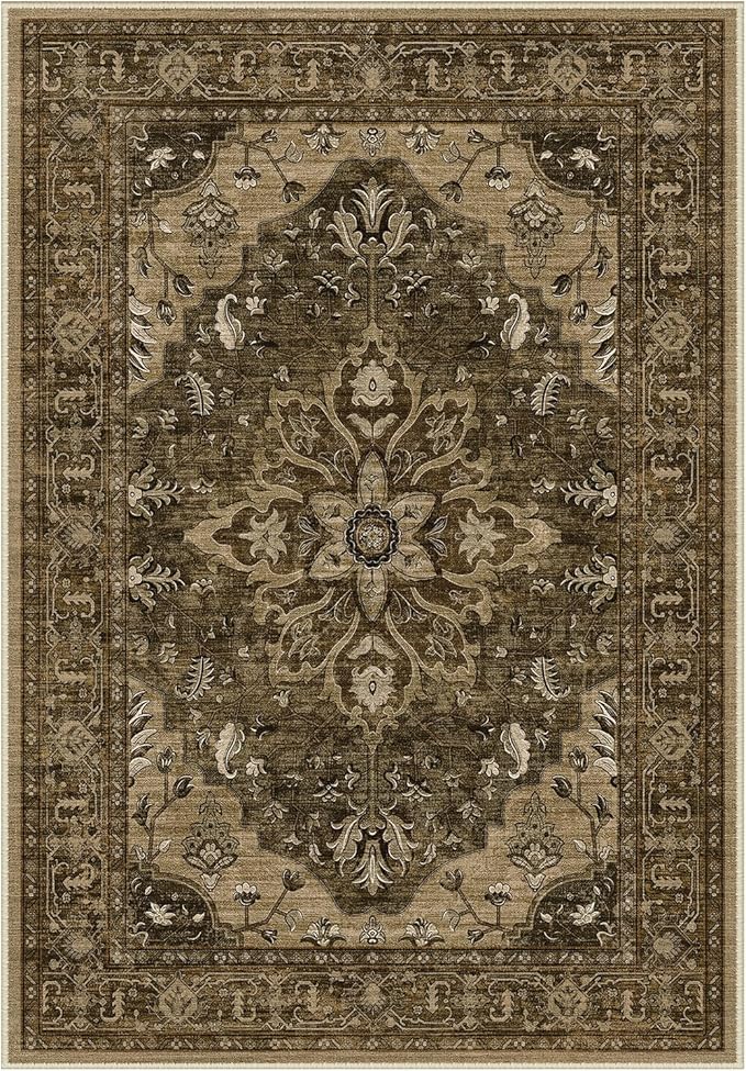 Area Rugs Round 6ft Washable Non-Slip, Floral Vintage Distress Print Pattern Medallion Carpet for Living Room Bedroom Dining Room, Brown Dark Brown