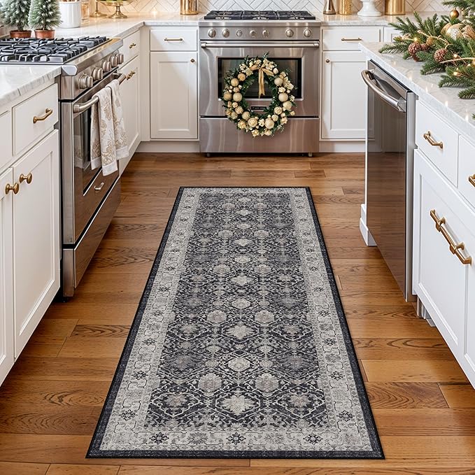 Hallway Washable Runner Rug - 2x6 Kitchen Rugs Entryway Rug Runner Vintage Soft Floor Mat Non Slip Indoor Farmhouse Carpet for Bathroom Living Room Bedroom (2 X 6, Black)
