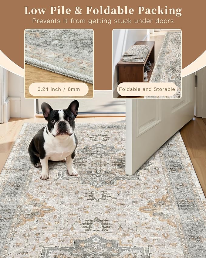 Madane Runner Rug 2x8, Washable Hallway Runner Rugs, Non-Slip Low-Pile Soft Kitchen Rug Runner Laundry Room Rug, Vintage Throw Entry Foyer Mat for Entrance Living Room (Light Taupe Brown, 2 x 8)