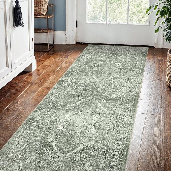2x5 Washable Hallway Runner Rug - Non Slip Kitchen Runner Rugs with Rubber Backing Vintage Low-Pile Carpet Runners for Entryway Dining Room Laundry Room Home Decor (Muted Sage Green)