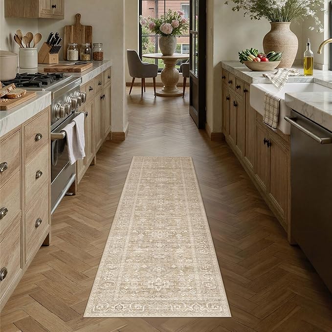 2x6 Washable Runner Rug for Hallway Kitchen Vintage Beige Non Slip Low Pile Carpet Traditional Retro Soft Throw Rug for Bathroom Bedroom Entryway Indoor Entrance