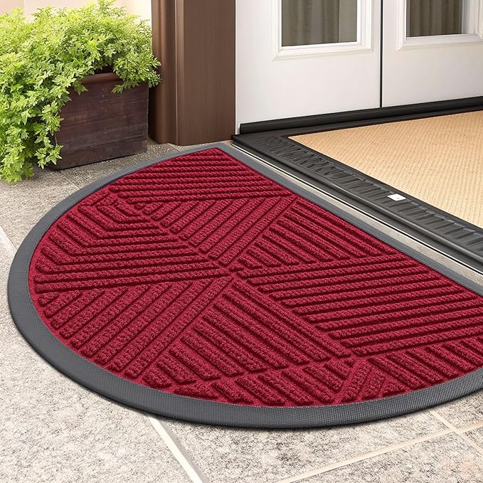 Smiry Half Circle Front Door Mat Outside Entrance, Heavy Duty Sturdy Natural Rubber Doormat, Trap Dirt and Moisture, Low Profile Mats for Indoor Outdoor Entry, Irregular Triangle (29.5x17, Wine Red)