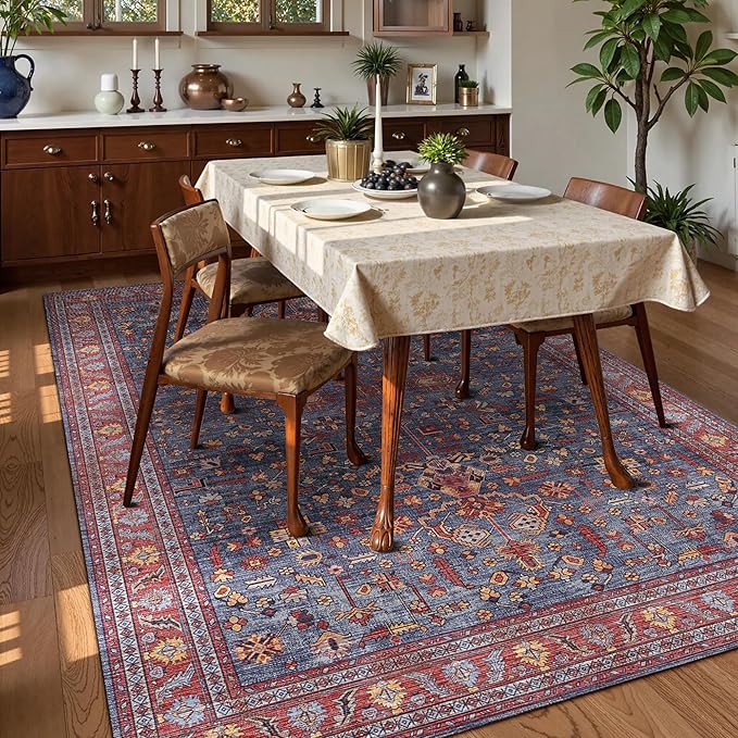 Washable Area Rug 5' x 7' Vintage Traditional Persian Mat - Foldable Distressed Non-Slip Machine Washable Carpet for Living Room Bedroom Kitchen Home Decor - Indigo and Crimson