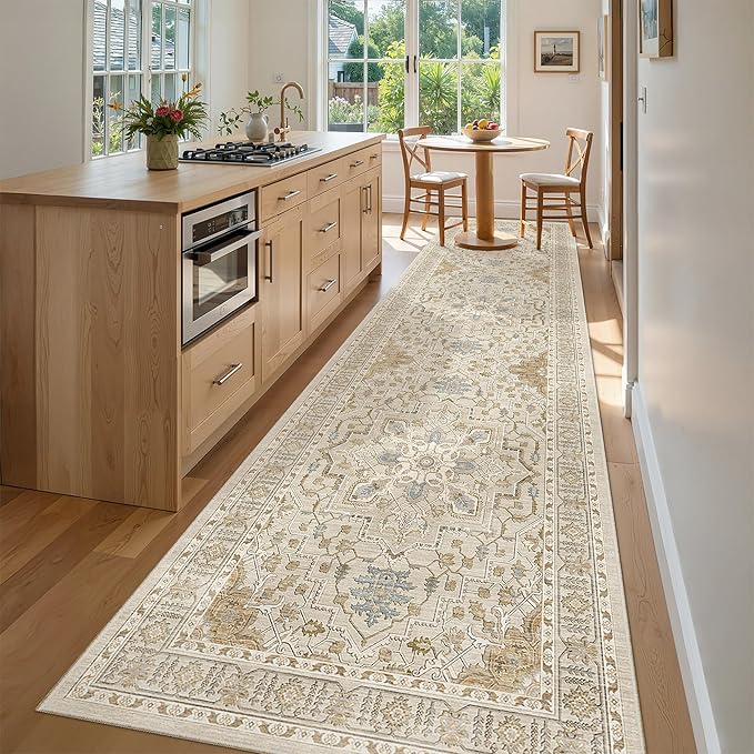 Madane 3x12 Hallway Runner Rug, Non Slip Washable 12ft Runner for Hallways Soft Vintage Kitchen Rugs Low-Pile Thin Floor Carpet Runner for Entryway Bathroom Bedroom, Beige/Blue