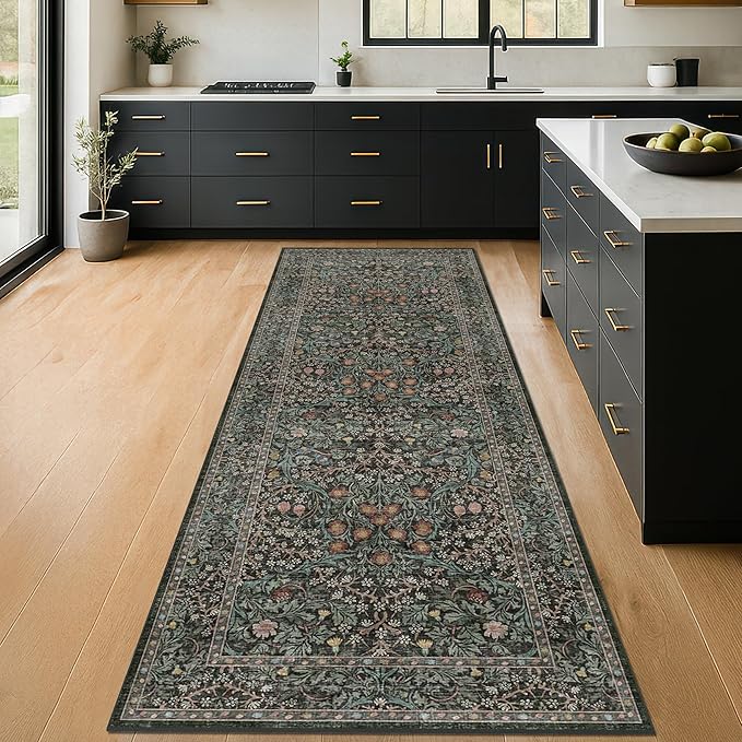 Non Slip 2x6 Kitchen Runner Rug Washable, Rubber Backed Bathroom Runner, Boho Vintage Floral Botanical Dark Green Non Skid Low Pile Soft Carpet for Entryway, Laundry Room, Hallway Mats for Floor