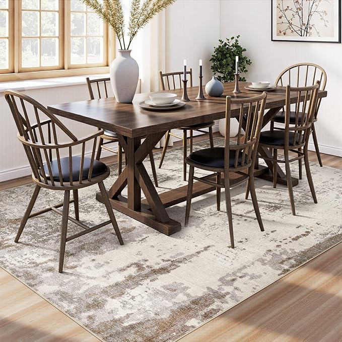 UERMEI 5x7 Area Rug Living Room Rugs - Washable Neutral Modern Abstract Soft Thin Rug Indoor Floor No Slip Rug Carpet for Bedroom Under Dining Table Home Office Decor - Brown/Grey/Beige