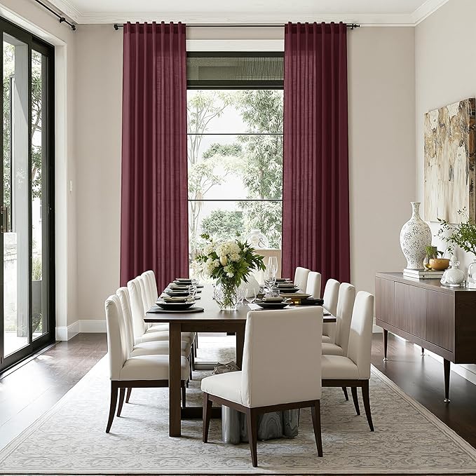 Nanspring Burgundy Linen 112 Inch Curtains for Living Room Light Filtering Semi Sheer Curtain Back Tab Vintage Boho Decor Elegant Drapes Floor to Ceiling High Window for Bedroom 52x112, 2 Panels