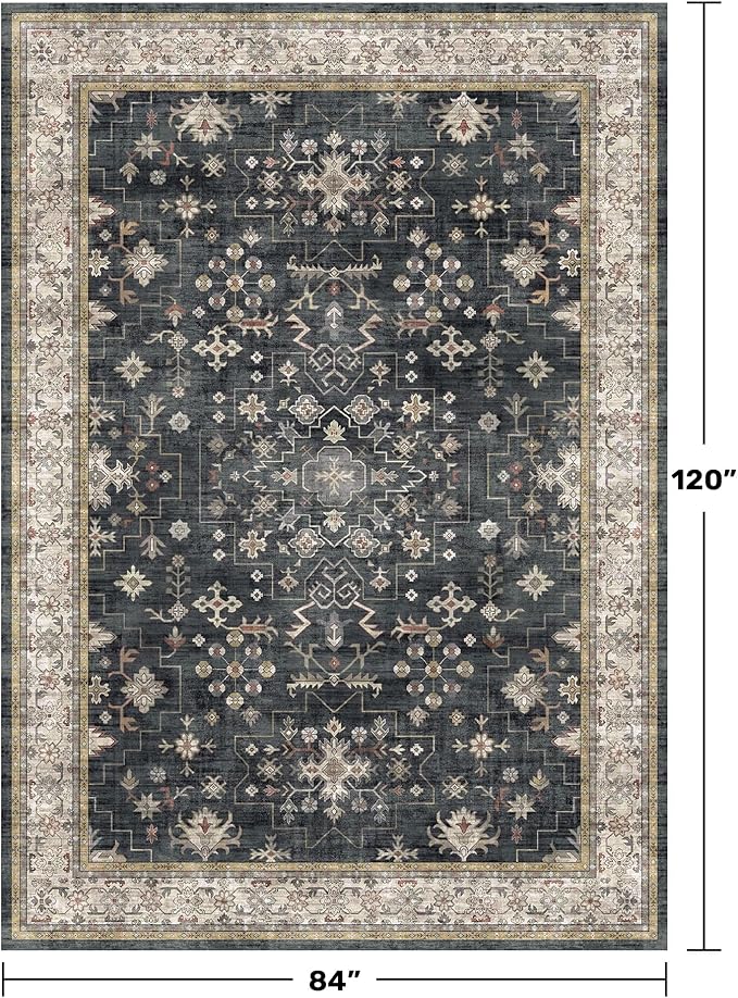 Hazo Haus Black Farmhouse Washable 7x10 Area Rugs for Living Room, Bedroom, Dining Room Table, Dark Charcoal Stain Resistant Non-Slip Large Washable