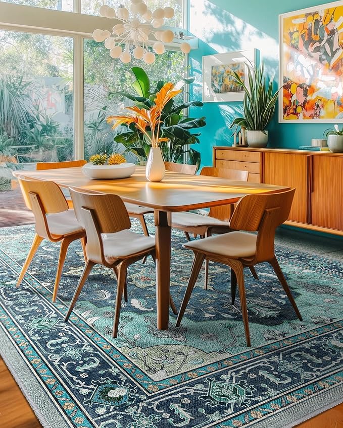 RELEANY Area Rugs 5'x8' Washable Non-Slip, Floral Vintage Distress Print Pattern Medallion Carpet for Living Room Bedroom Dining Room, Teal Green Lake Blue Turquoise