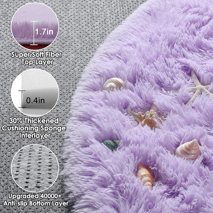 ONASAR Light Purple Round Area Rugs 5ft, Soft Bedroom Circle Rug Floor Mats for Kids Girls Teen, Cute Fluffy Plush Shaggy Carpet for Nursery Dorm Living Room Playroom Home Decor Princess Castle