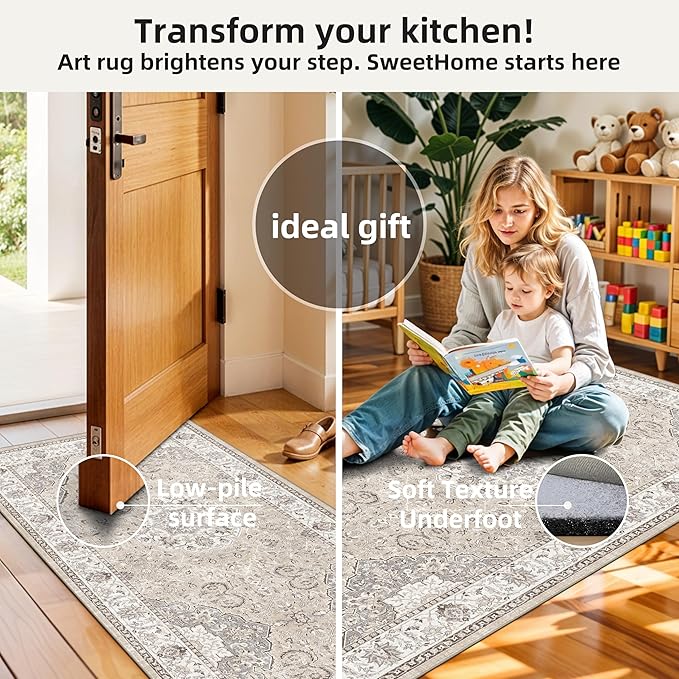 Washable Kitchen Rug Set of 3: Boho Non-slip Soft Stove Sink Mat Light Weight Stain Resistant Carpet for Dog Bowl Area Comfort Tile/Hardwood Floors Protection Mat for Entryway Foyer(2x3+2x4+2x5,Beige)
