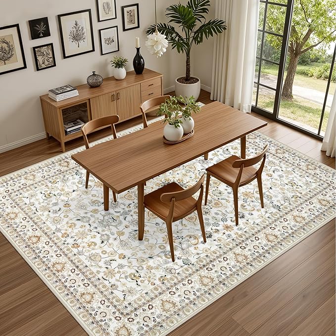 Area Rugs 9x12 Living Room Rug: Washable Rug Soft Vintage Boho Carpet Indoor Floor Non-Slip Stain Resistant Large Carpets for Bedroom Dining Room Farmhouse Nursery Home Office Beige