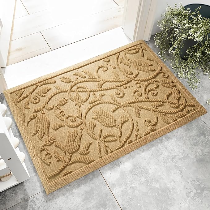Boho Beige Floral Leaves Outdoor Indoor Entrance Doormats, Absorbent Durable Heavy Duty Welcome Front Door Mat,Thick Natural Rubber Back,Easy Clean Entryway Mat 23x35 Inch, Low Profile