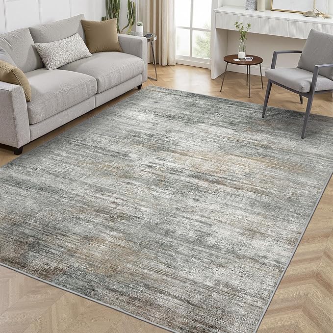 Area Rugs 8x10 for Living Room Bedroom, Modern Abstract Machine Washable Rug, Large Soft Low Pile Floor Cover with Non Slip Backing for Dining Room, Ash Gray Brown