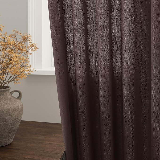 Nanspring Coffee Linen Curtains for Living Room Back Tab Rod Pocket Semi Sheer Curtain 63 Inches Long 2 Panel Set Boho Light Filtering Neutral Farmhouse Lightweight Drapes for Bedroom 52x63