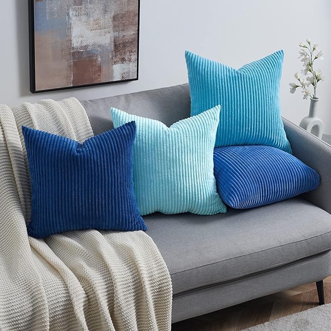 Topfinel Decorative Throw Pillow Covers Aque Teal Blue Series,Summer Corduroy Striped Toss Pillows for Couch,Patio,Balcony,Children Bedroom,Modern Fluffy Blue Gradient Shams 20x20 Inch Set of 4