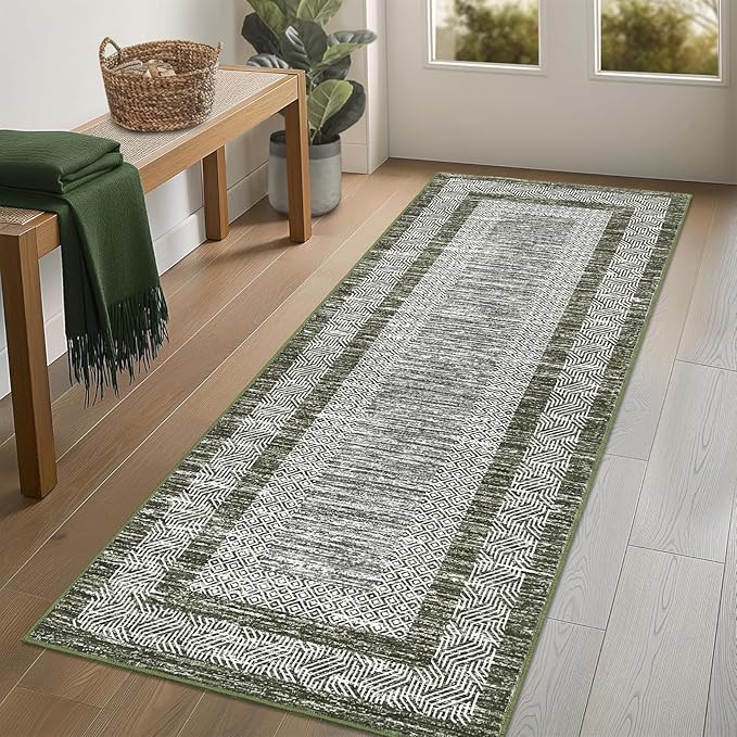 GarveeHome 2x6 Modern Bordered Runner Rug Soft Non Slip Runner Washable Non Shedding Floor Carpet, Distressed Geometric Hallway Runner, Indoor Printed Runner for Kitchen, Entrance, Green
