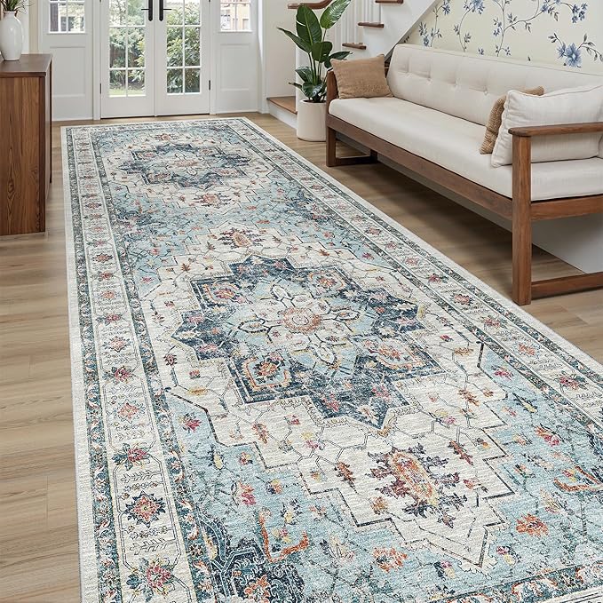 Madane 4x10 Wide Hallway Runner Rug: Washable Soft Rug Runners for Living Room Bedroom, Stain Resistant Low Pile Area Rugs Thin Non Slip Floor Carpet for Ktichen Bathroom Dining Room (Blue, 4x10)