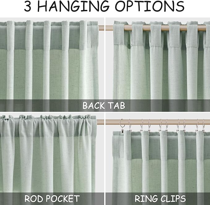 Nanspring Aqua Green Linen Curtains 108 Inches Long for Living Room Bedroom 2 Panels Set Extra Long Back Tab Curtain Light Filtering Sheer Drapes Floor to Ceiling Curtain for Large Windows 52x108