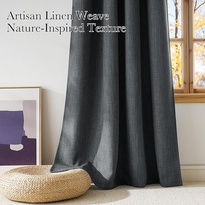NICETOWN Faux Linen Charcoal Gray Blackout Curtains 84 inches Long for Living Room - Privacy Panels for Bedroom, Modern Farmhouse Style Easy Care Grommet Top, 2 Panels, W52 by L84