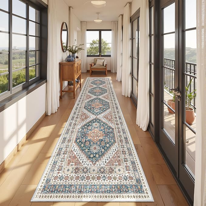 Runner Rug 2x10, Ultra-Thin Kitchen Rugs Non Slip Washable Rugs for Entryway Rug, Kitchen Runner Low Pile Vintage Soft Carpets for Living Room, Bathroom Bedroom (Blue/Red,2'x10')