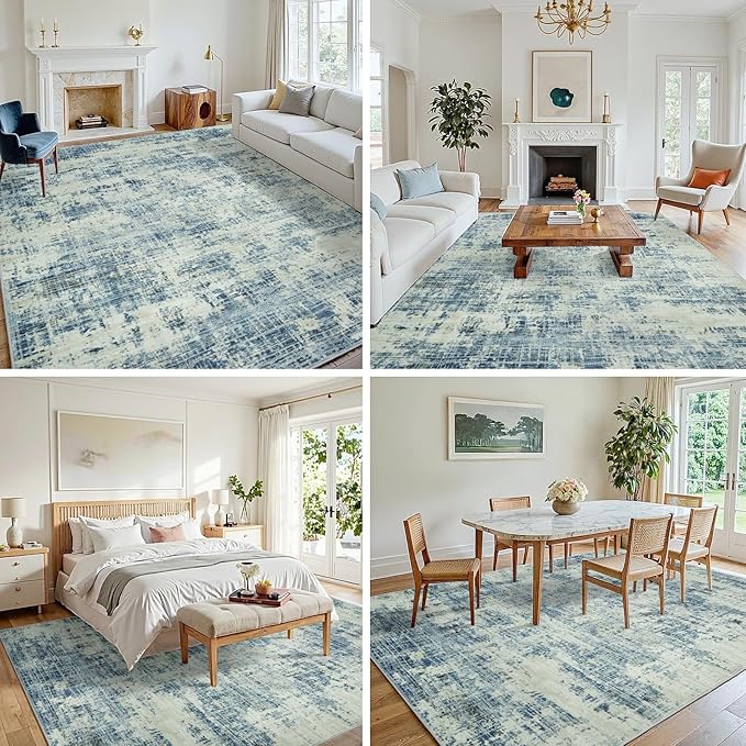 10x14 Area Rugs for Living Room Washable Rug: Anti-Skid Abstract Modern Living Room Rug Soft Thin Carpets Indoor Floor Non-Shedding Carpet for Bedroom Dining Farmhouse Nursery Blue Gray Gold