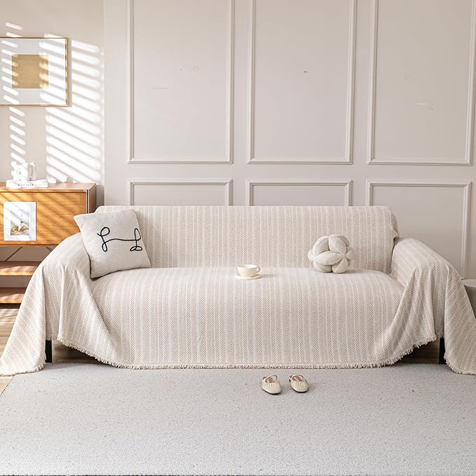 Boho Chenille Couch Cover for Dogs, Non Slip Sofa Cover, Couch Slipcover Covers for 3 Cushion, Furniture Protector with Tassels for Pets Washable, 71"x134", Fishbone Beige