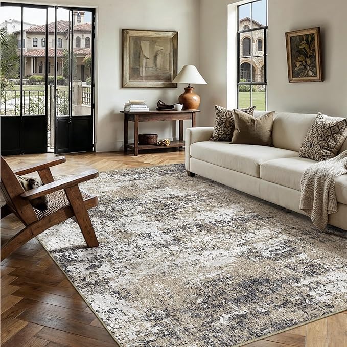 6x9 Abstract Area Rug Brown Washable Modern Neutral Living Room Carpet Non Slip Ultra Soft Low Pile Contemporary Bedroom Large Rug Indoor Office Dining Room Under Table Playroom