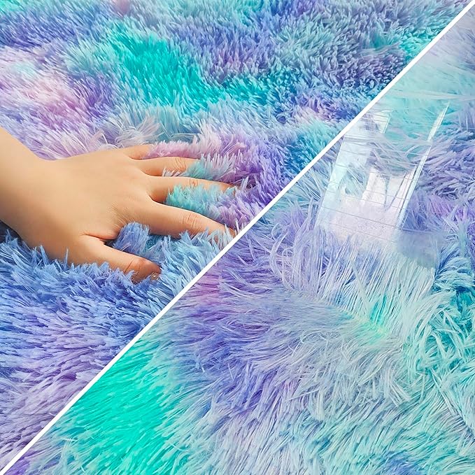 Super Soft Fluffy Living Room Area Rug 2x5 ft Purple Rainbow Tie-Dyed Shaggy Furry Carpet Washable Non-Slip Carpets Bedroom Bedside Nursery Rug Cute Colorful Room Decor for Girls