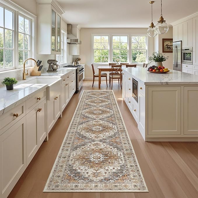 Madane Hallway Runner Rug 2x12, Extra Long Washable Runner Rugs with Rubber Backing, Non Slip Carpet Runner, Vintage Rug Runners for Kitchen Laundry Room Entryway (Turmeric/Grey, 2'x12')