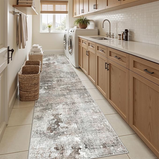 Runner Rug 2x12 Washable Non-Slip Hallway Runner Rugs for Kitchen Bathroom Laundry Room Pink/Grey Vintage Floor Carpet Runners for Hallways Entryway