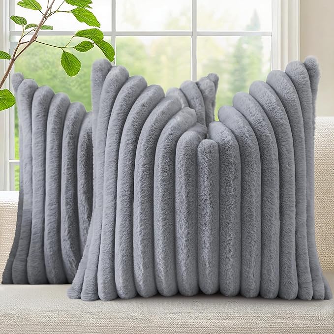 decorUhome Cozy Faux Fur Throw Pillow Covers 24x24 Set of 2 Decorative Soft Plush Striped Modern Farmhouse Boho Couch Euro Sham Pillow Cases with Velvet Back for Sofa Bed Living Room, Grey