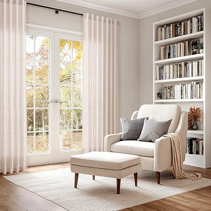 Nanspring Natural White Linen Curtains 63 Inch Length for Living Room Blend Semi Sheer Farmhouse Decor Curtains Back Tab Privacy Boho Light Filtering Semi Sheer Curtain for Bedroom 52x63, 2 Panels