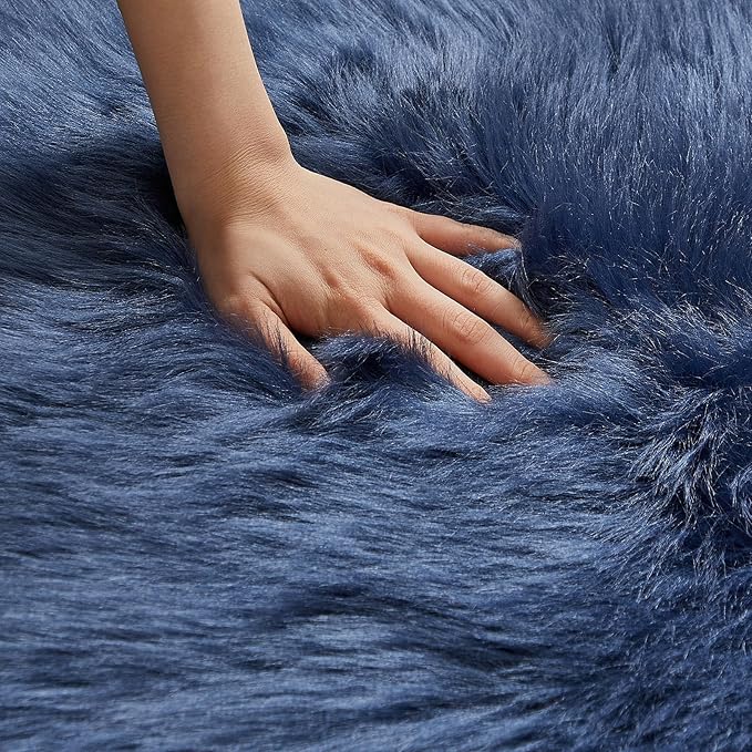 AMTOVO Faux Fur Rug, Dark Blue Area Rug, Fluffy Sheepskin Rug, Fuzzy Ultra Soft 2 x 4 ft Shag Rugs for Bedroom Sofa Throw Cushion Room Decor, Sheepskin