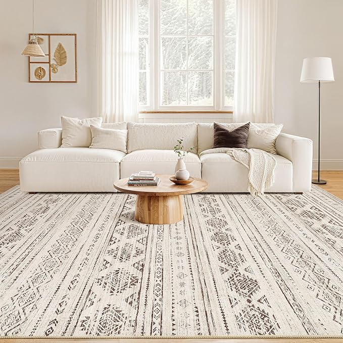 Nakagishi 8x10 Area Rugs Living Room: Washable Boho Large Neutral Soft Farmhouse Rug Stain Resistant Modern Moroccan Non-Slip Indoor Carpet for Bedroom Nursery Kids Office Dining Room- Dark Brown