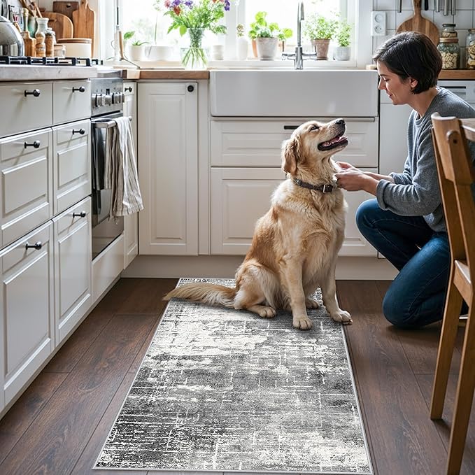 Abstract 2x4 Entryway Area Rugs: Washable Water Resistant Kitchen Rug Non-Slip Durable Doormat Ultra Soft Bedroom Beside Carpet Indoor Low Pile Floor Mat for Bathroom Stove Sink Area(2x4,Black/Grey)