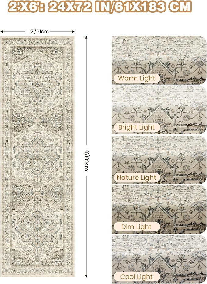 Runner Rug 2x6, Non Slip Washable Rugs for Laundry Room, Runners for Hallways, Low Pile Vintage Soft Rugs for Living Room, Kitchen Bathroom,Bedroom Rug(Brown/Beige,2'x6')