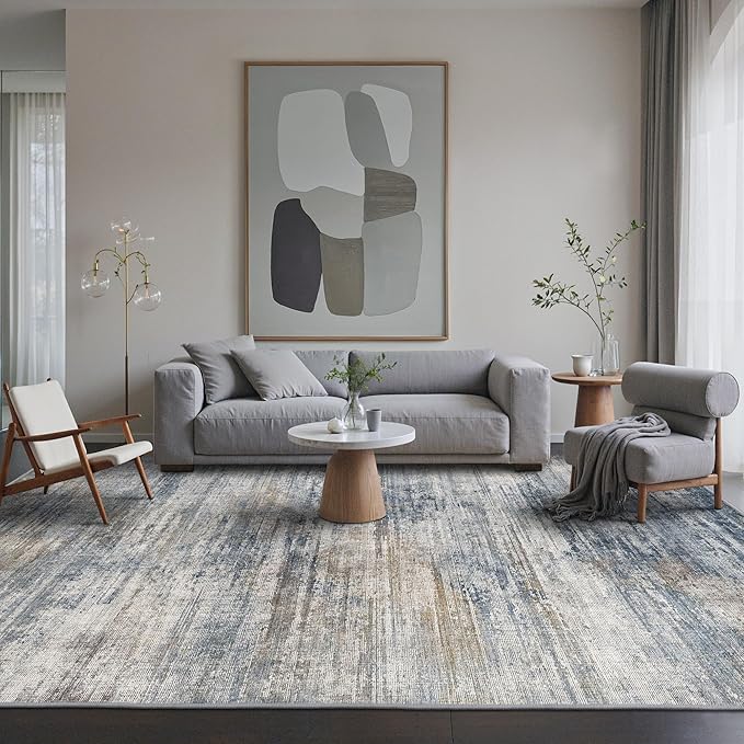 BEIMO Area Rugs 5x7 for Living Room Bedroom, Modern Abstract Machine Washable Rug, Large Soft Low Pile Floor Carpet with Non Slip Backing for Dining Room, Denim Blue/Taupe