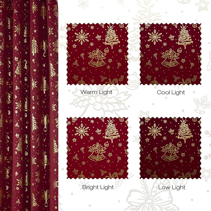 NICETOWN 2 Panels Christmas Red Curtains 42 x 84 Inch, Gold Stamped Rod Pocket Curtain Drapes for Holiday Season, Xmas Home Decor, Festive Window Treatments for Bedroom, Seasonal Curtain Set