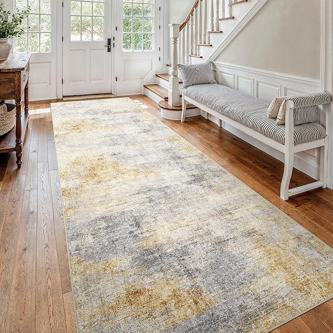 4x12 Washable Kitchen Runner Rug: Modern Abstract Wide Runners for Hallway Soft Non Slip Rugs with Rubber Backing Low Pile Thin Carpet for Entryway Bedroom Bathroom Laundry Indoor(Grey/Yellow,4x12)